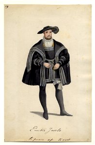 HUA-32714-Afbeelding van een kostuumontwerp van de Groningse edelman Emko Jaerlo figurant in de maskerade van de studenten van de Utrechtse hogeschool ter geleg