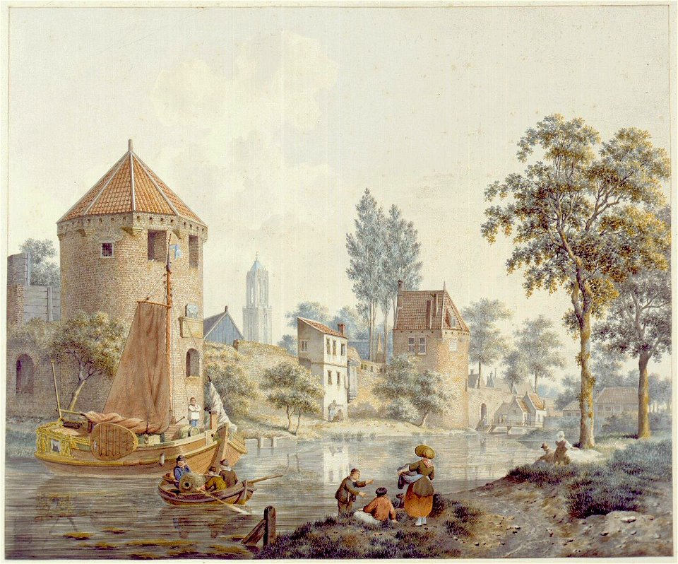 HUA-30877-Enigszins gefantaseerd gezicht vanaf de singel over de stadsbuitengracht op de wal te Utrecht uit het noordoosten met links de toren de Vos rechts de 