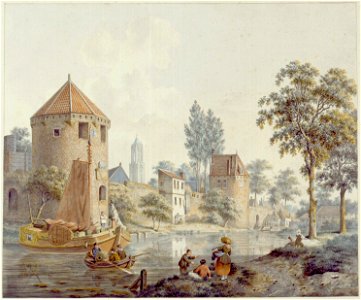 HUA-30877-Enigszins gefantaseerd gezicht vanaf de singel over de stadsbuitengracht op de wal te Utrecht uit het noordoosten met links de toren de Vos rechts de 