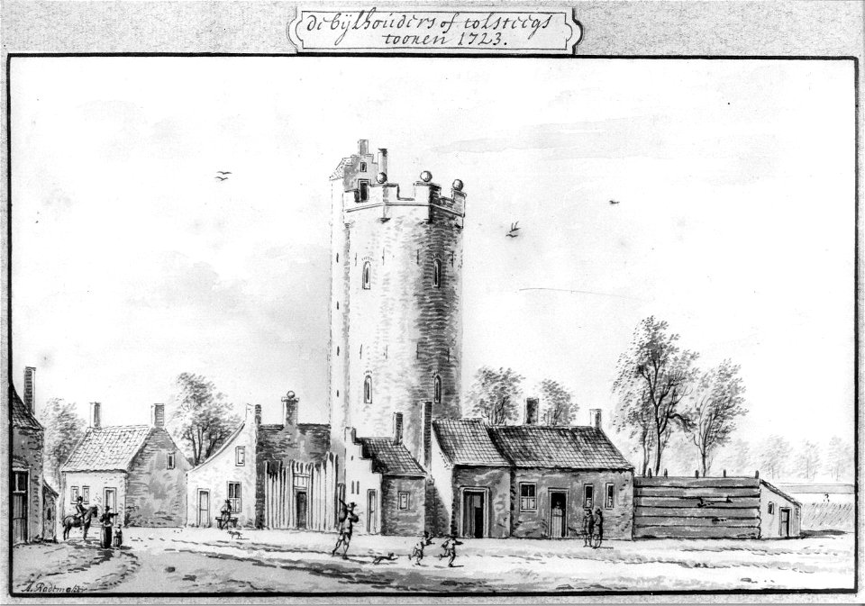 HUA-36510-Gezicht vanaf de wal te Utrecht uit het zuidwesten met de Bijlhouwerstoren en de huizen aan de zuidzijde van de stadswal