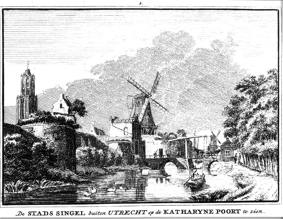 HUA-36290-Gezicht uit het noorden vanaf de singel over de stadsbuitengracht te Utrecht op de stadswal met twee waltorens en de Catharijnepoort en brug en op de 