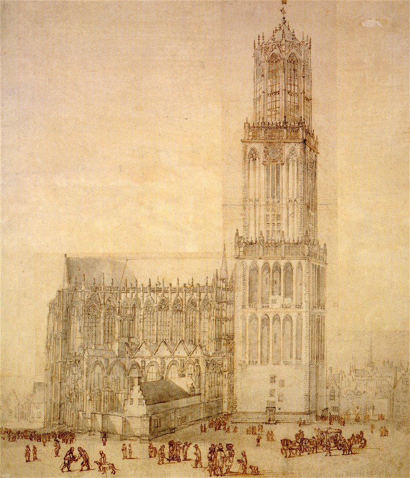 HUA-36931-Gezicht op de Domkerk en het Domkerkhof te Utrecht uit het noordwesten met links Achter de Dom en rechts de Servetstraat en het BisschopshofNB De naam