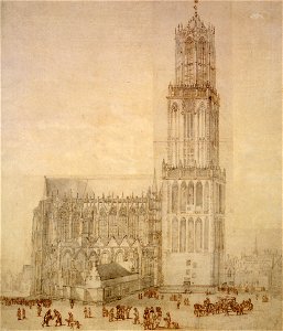 HUA-36931-Gezicht op de Domkerk en het Domkerkhof te Utrecht uit het noordwesten met links Achter de Dom en rechts de Servetstraat en het BisschopshofNB De naam