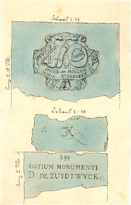 HUA-31182-Afbeelding van drie grafstenen in de Jacobikerk te Utrecht met de namen Jacob van Mollem en Maria Sydervelt een steen met het monogram JK en een steen