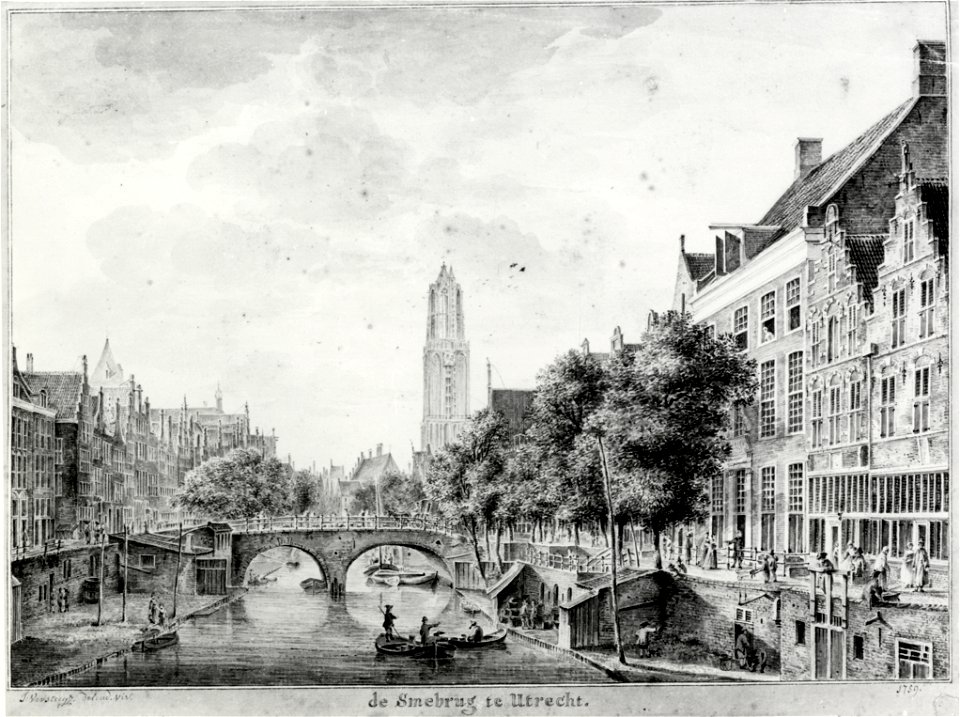 HUA-35885-Gezicht op de Oudegracht te Utrecht uit het zuiden vanaf de Geertebrug met de Smeebrug en op de achtergrond de Domtoren