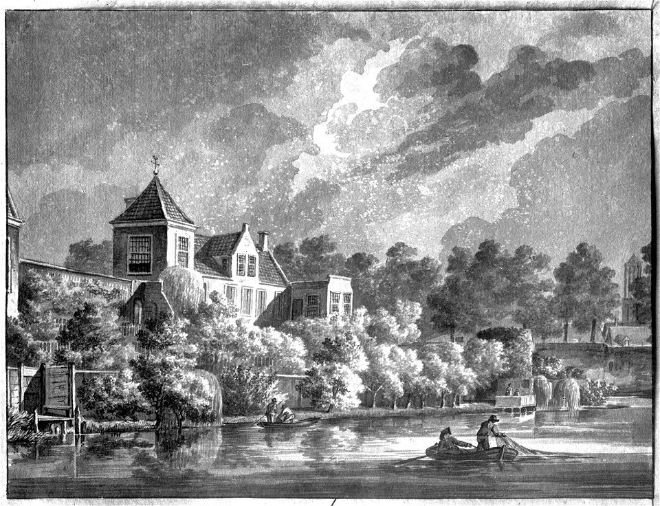 HUA-36726-Gezicht over de stadsbuitengracht op de noordwesthoek van het Begijnebolwerk te Utrecht uit het noorden met rechtsachter de stadswal met de toren de L