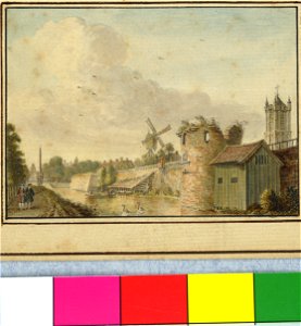 HUA-36611-Gezicht vanaf de singel over de stadsbuitengracht te Utrecht op de stadswal uit het westen met rechts de toren het Paard en op de achtergrond links de