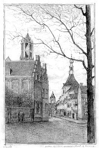 HUA-37250-Gezicht in de Voetiusstraat te Utrecht vanaf het Pieterskerkhof uit het oosten met links een gedeelte van het hoekhuis Achter St Pieter 140 en rechts 