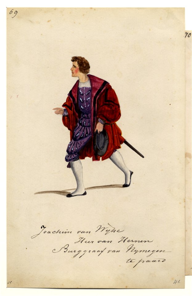 HUA-32746-Afbeelding van een kostuumontwerp van Joachim van Wijhe heer van Hernen burggraaf van Nijmegen figurant in de maskerade van de studenten van de Utrech