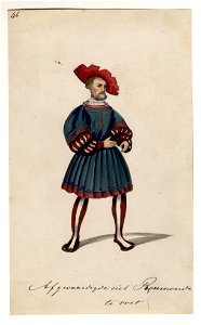 HUA-32726-Afbeelding van een kostuumontwerp van de domproost van Keulen Frederik graaf van Beichlingen figurant in de maskerade van de studenten van de Utrechts