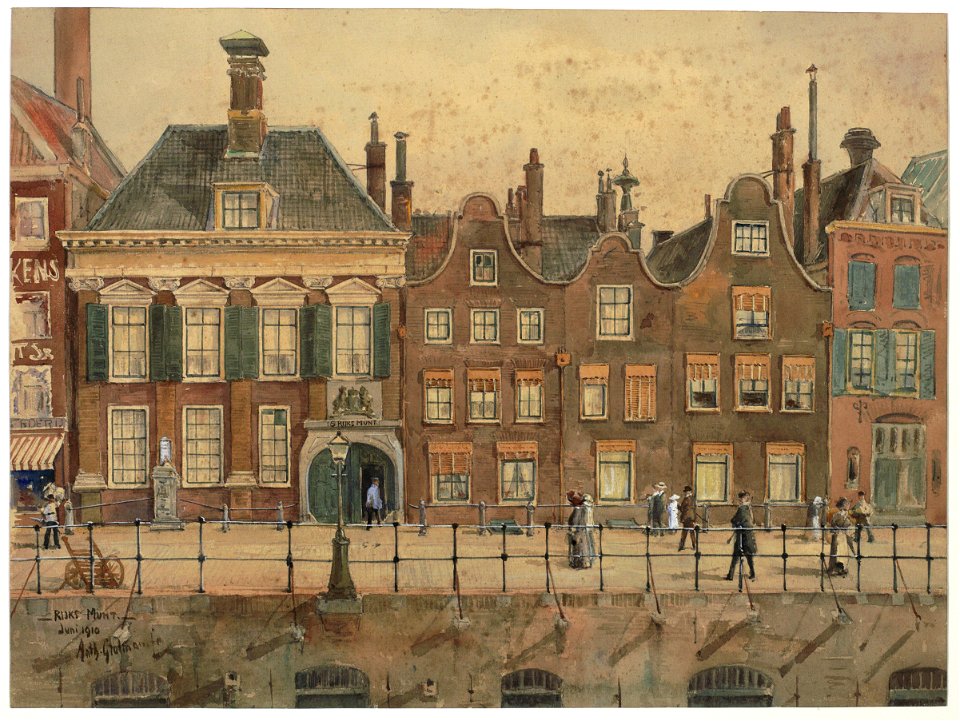 HUA-31288-Gezicht op de voorgevel van het Muntmeestershuis Oudegracht Weerdzijde 73 te Utrecht en de huizen ten zuiden daarvan die deel uitmaken van het complex