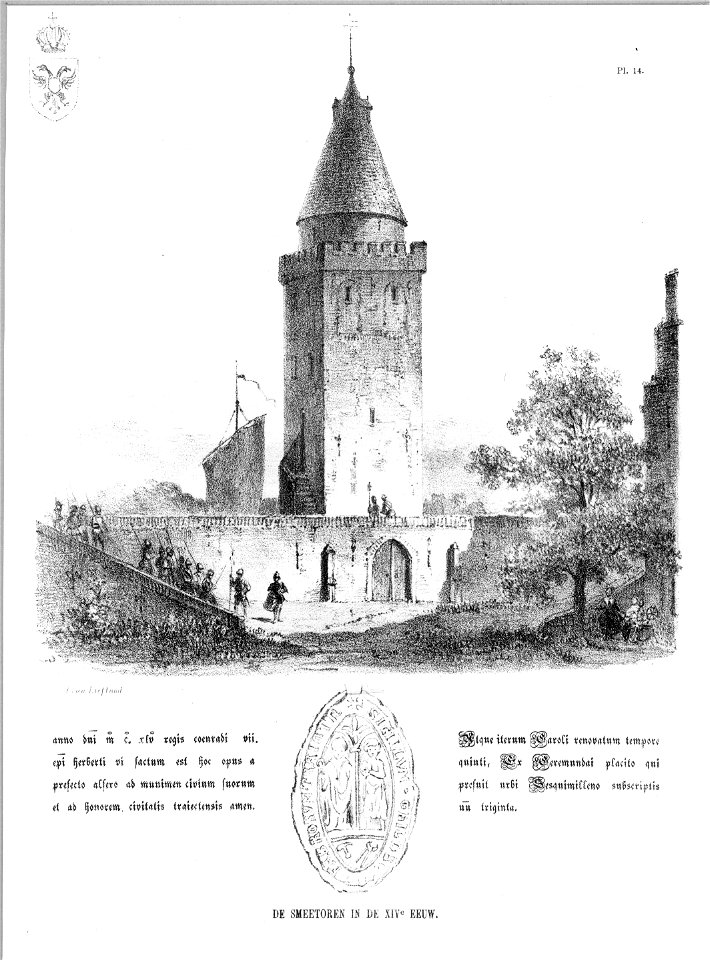 HUA-36492-Gefantaseerd gezicht op de Smeetoren met de stadsmuur te Utrecht vanuit de stad gezienOnder de afbeelding het wapen van het smedengilde en een vierreg