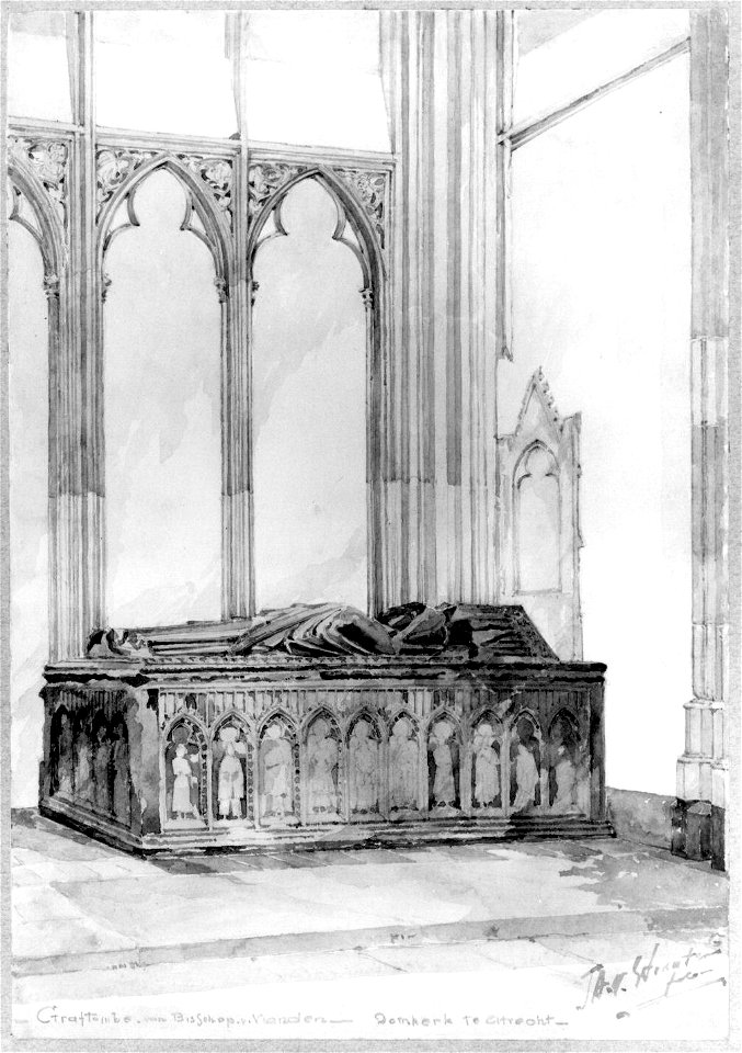 HUA-31074-Interieur van de Domkerk te Utrecht gezicht vanuit de zuidelijke zijbeuk van het koor in de kapel van Avennes met het grafmonument van bisschop Guy va