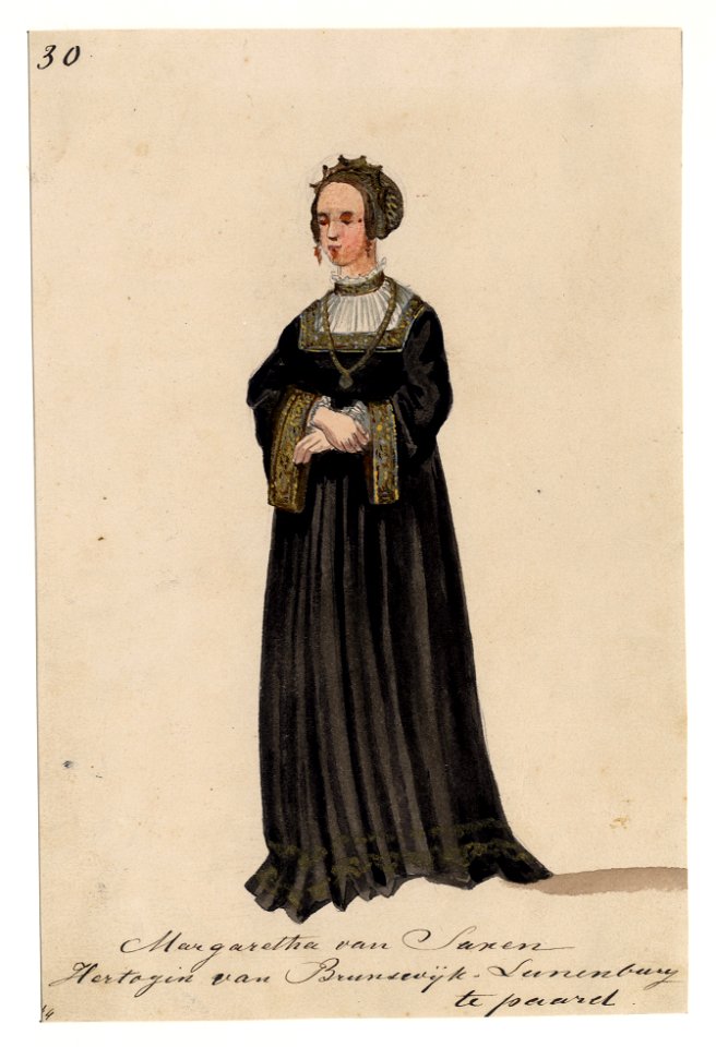 HUA-32722-Afbeelding van een kostuumontwerp van Margaretha van Saxen hertogin van Brunswijk Lunenburg figurant in de maskerade van de studenten van de Utrechtse