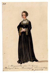 HUA-32722-Afbeelding van een kostuumontwerp van Margaretha van Saxen hertogin van Brunswijk Lunenburg figurant in de maskerade van de studenten van de Utrechtse