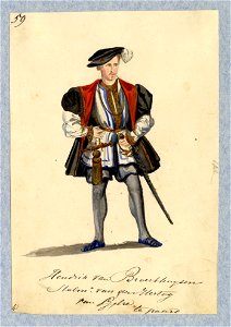 HUA-32738-Afbeelding van een kostuumontwerp van Hendrik van Broekhuizen stalmeester van de hertog van Gelre figurant in de maskerade van de studenten van de Utr