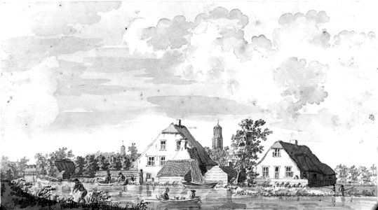 HUA-35486-Gezicht op de Kromme Rijn te Utrecht uit het zuidoosten met twee boerderijen en op de achtergrond de torens van de Nicolaikerk en de Dom