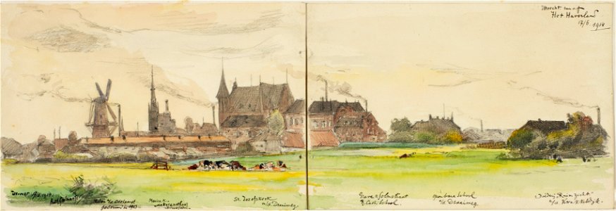 HUA-32280-Gezicht op de stad Utrecht uit het noorden met van links naar rechts de molen aan de Adelaarstraat de toren van de St Monicakerk en de broodfabriek De