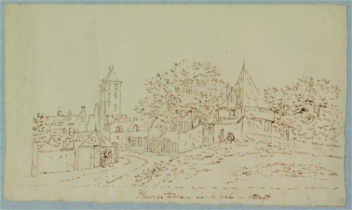 HUA-36655-Gezicht vanaf de stadswal te Utrecht in de Wolvenstraat met rechts de toren de Vos en op de achtergrond de Plompetoren