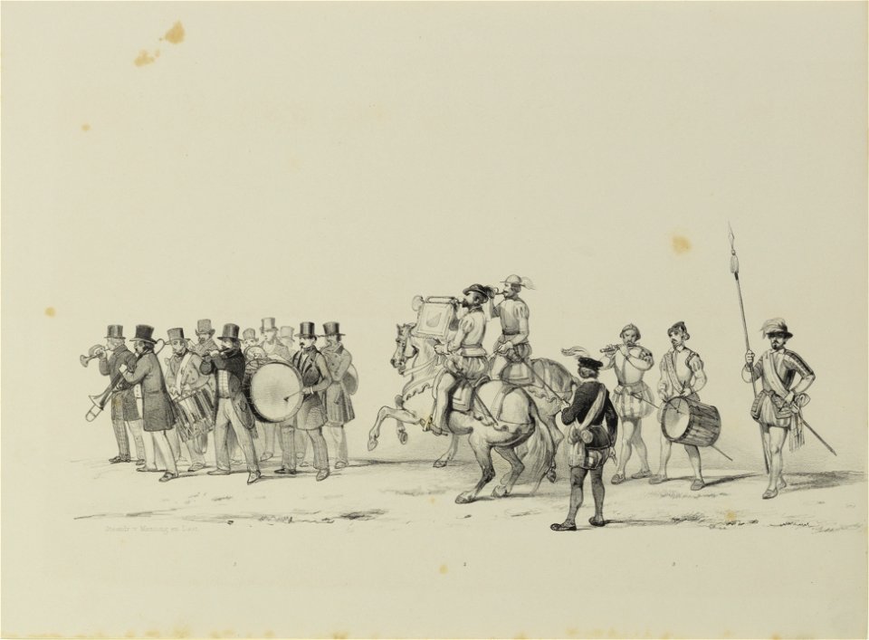 HUA-32604-Eerste gedeelte van de maskerade van de studenten van de Utrechtse hogeschool op 17 juni 1846 voorstellende de intocht van prins Philips II in Utrecht