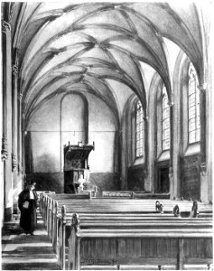 HUA-31412-Gezicht in de grote kapittelzaal van de Domkerk te Utrecht ingericht als groot auditorium uit het westen