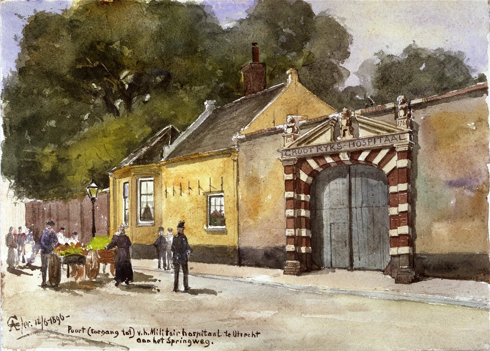 HUA-31664-Gezicht op de muur met de toegangspoort van het Militair Hospitaal aan de Springweg te Utrecht