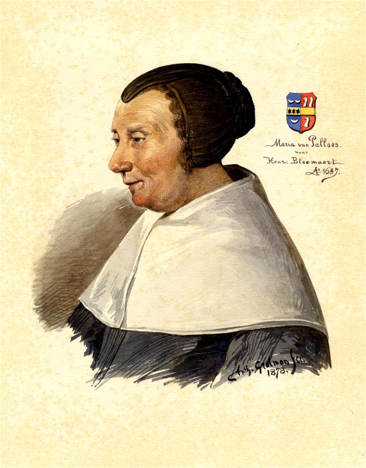 HUA-32019-Portret van Maria van Pallaes geboren 1587 echtenote van H van Schroyestein stichteres van de kameren van Pallaes overleden 1664 Borstbeeld links met 