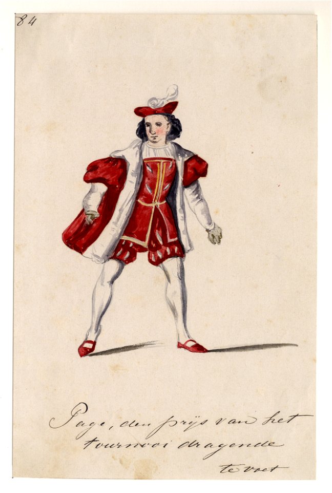 HUA-32758-Afbeelding van een kostuumontwerp van een page met de prijs van het toernooi in de hand figurant in de maskerade van de studenten van de Utrechtse hog