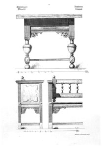 HUA-31431-Boven afbeelding van een renaissance tafel in Nijmegen Onder afbeelding van een renaissance bank met een beweegbare leuning geëxposeerd in het Stedeli