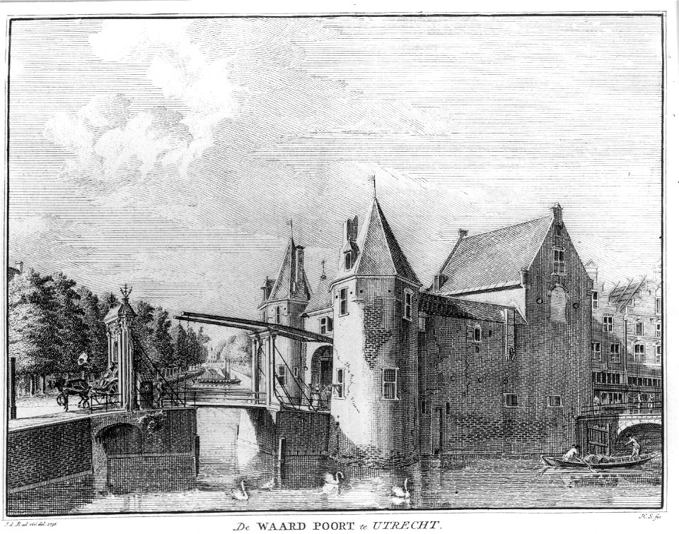 HUA-36764-Gezicht over de stadsbuitengracht op de Weerdpoort en brug te Utrecht met links de singel en rechts een gedeelte van de Zandbrug en de voorgevels van 