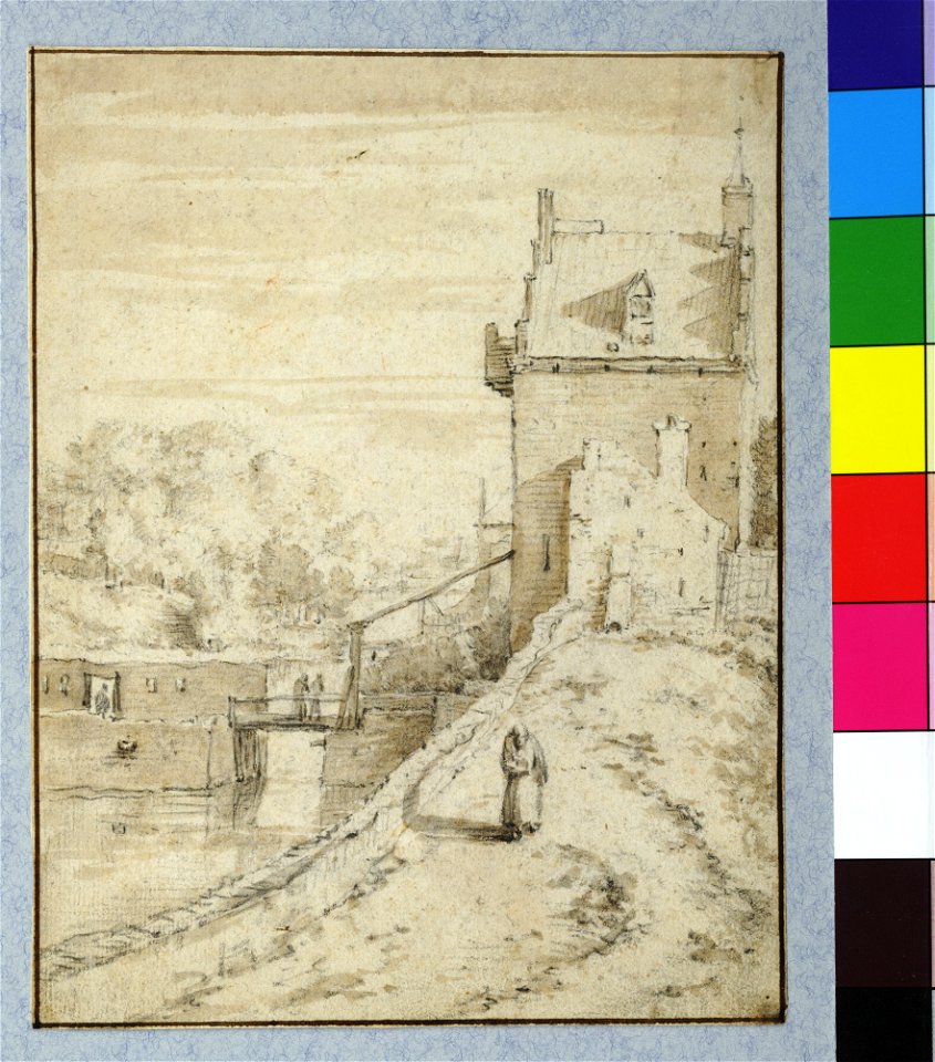HUA-36590-Gezicht bovenop de stadswal te Utrecht op de hoofdpoort van de middeleeuwse Wittevrouwenpoort en de brug over de stadsbuitengracht uit het noorden