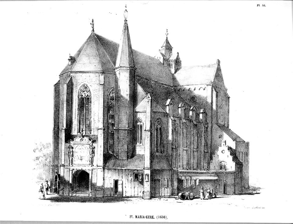 HUA-37286-Gezicht op het koor van de Mariakerk te Utrecht voor de afbraak in 1844 uit het noordoosten