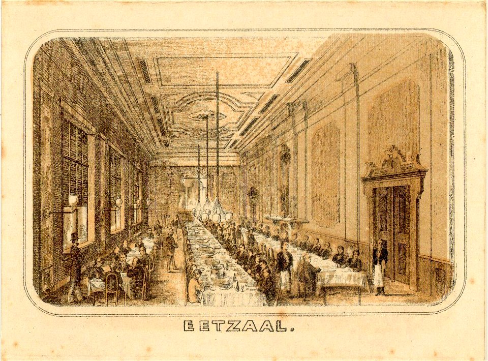 HUA-31498-Interieur van het Haagsche Koffiehuis Vredenburg C 730 te Utrecht de eetzaalNB Het adres Vredenburg C 730 is in 1890 gewijzigd in Vredenburg 22 Rond 1
