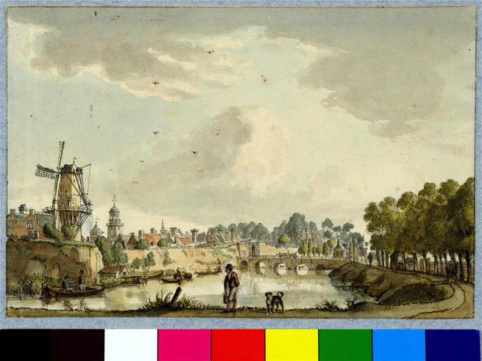 HUA-36370-Gezicht vanaf de singel over de stadsbuitengracht te Utrecht op het bastion Sterrenburg en de molen op de Bijlhouwerstoren uit het zuidwesten met rech