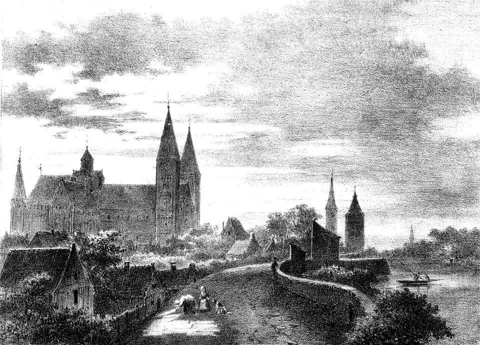 HUA-37305-Gezicht op de Mariakerk te Utrecht vanaf de stadswal uit het zuidwesten met rechts op de achtergrond de toren van de Geertekerk en de Smeetoren