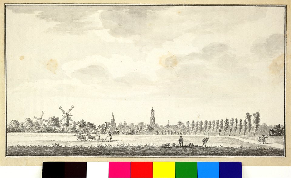 HUA-36236-Profiel van de stad Utrecht uit het zuidoosten gezien met de molen op de Bijlhouwerstoren de torens van de Nicolaikerk de Domtoren de Buurkerk en de A