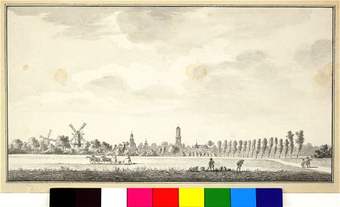 HUA-36236-Profiel van de stad Utrecht uit het zuidoosten gezien met de molen op de Bijlhouwerstoren de torens van de Nicolaikerk de Domtoren de Buurkerk en de A