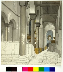 HUA-37158-Interieur van de Pieterskerk te Utrecht gezicht vanuit de zuidelijke zijbeuk door het schip naar het koor uit het zuidwesten naar het noordoosten