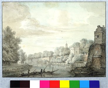 HUA-36410-Gezicht over de stadsbuitengracht op de stadswal te Utrecht uit het noordoosten met rechts het bastion Zonnenburg links daarvan de toren op het St Ser