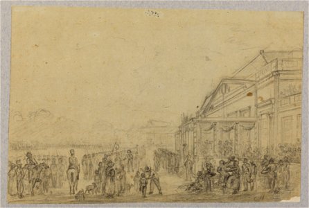 HUA-32506-Gezicht op het Vredenburg te Utrecht met de schouwburg tijdens de uitreiking namens de curatoren van de Utrechtse hogeschool van de gedenkpenningen aa
