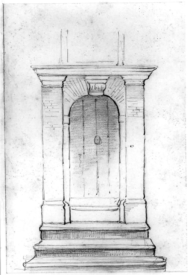 HUA-35212-Afbeelding van de classicistische deuromlijsting van het huis Breedstraat 1 te Utrecht met een sluitsteen met het jaartal 1643