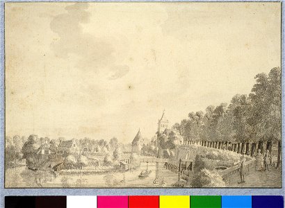 HUA-36732-Gezicht vanaf de stadswal over de stadsbuitengracht op de noordwesthoek van het Begijnebolwerk te Utrecht uit het westen met op de achtergrond de tore