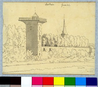 HUA-36335-Gezicht over de stadsbuitengracht op de stadswal te Utrecht uit het westen met de tot sterrenwacht verbouwde Smeetoren en rechts de toren van de Geert