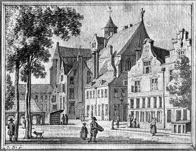 HUA-35585-Gezicht op de zuidoosthoek van de Mariaplaats te Utrecht met op de achtergrond de Mariakerk