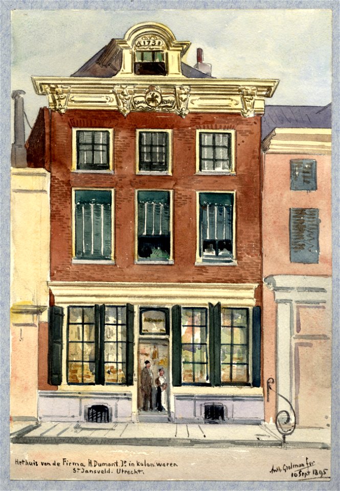 HUA-31688-Gezicht op de voorgevel van het huis Jansveld 11 te Utrecht met de kruidenierswinkel van de firma H Dumont jr