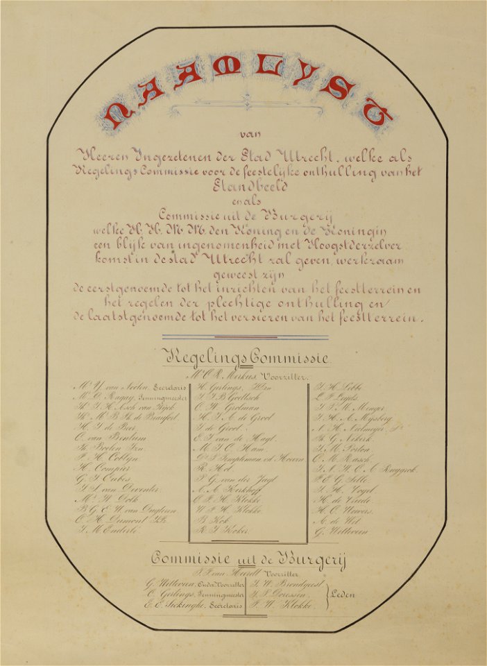 HUA-32823-Gecalligrafeerde oorkonde ter gelegenheid van de onthulling van het standbeeld van Jan van Nassau op het Domplein te Utrecht met de namen van de leden
