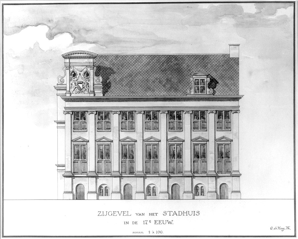 HUA-31319-Afbeelding van de zijgevel van het stadhuis aan het Oudkerkhof te Utrecht