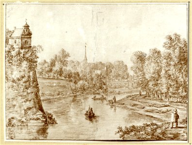 HUA-36391-Gezicht over de stadsbuitengracht te Utrecht op de stadswal uit het zuiden met links het bastion Manenburg op de achtergrond het bastion Zonnenburg en
