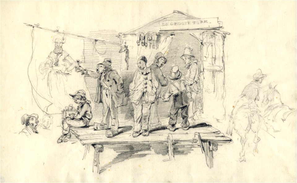 HUA-32567-Afbeelding van een plankier met enkele enkele personen voor de ingang van een tent met het opschrift De Groote Turk op de kermis te Utrecht