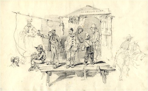 HUA-32567-Afbeelding van een plankier met enkele enkele personen voor de ingang van een tent met het opschrift De Groote Turk op de kermis te Utrecht